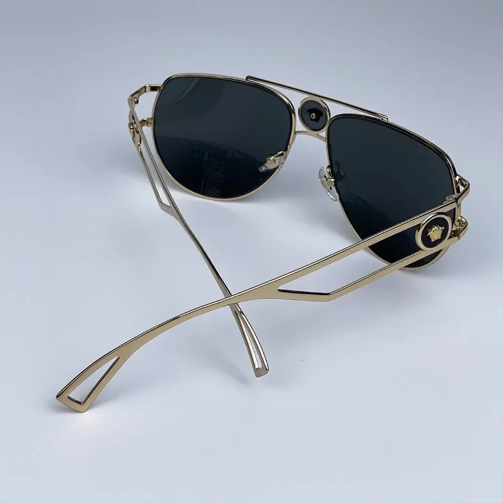 NEW Versace VE2225 MEDUSA PILOT 100287 Gold Gray Aviator Metal Unisex Sunglasses